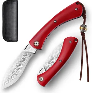 edc pocket knife foldable knife folding hunting folding mens pocket knife with holster,3.93" Handmade Forged VG10 Damascus Steel Blade,Beef Bone Handles Sharp Camping