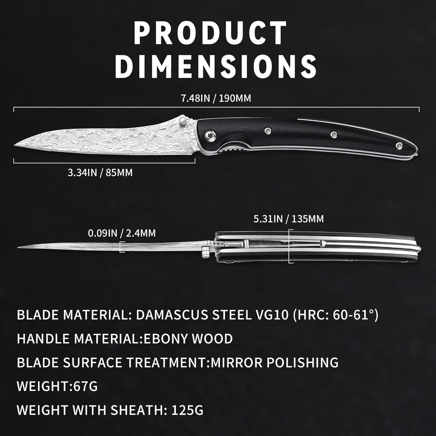 edc pocket knife foldable knife folding hunting pocket knife folding mens,3.93" Handmade Forged VG10 Damascus Steel Blade,Beef Bone Handles Sharp Camping