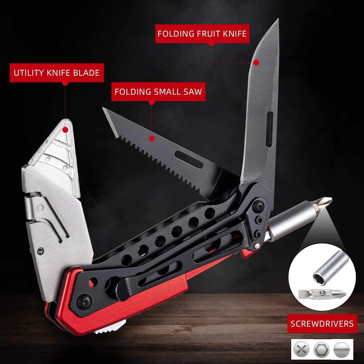 edcfans Folding Utility Knife Box Cutter with 5 Razor Blades, Pocket Utility Knives, Screwdriver, Saw, Lock Design, Clip and Holder for Belt, EDC Heavy Duty Work Knifes, Fathers Day Dad Gifts for Papa