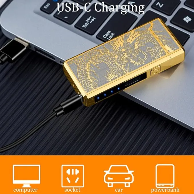 Electric Lighter, Windproof USB Rechargeable Flameless Dual Arc Lighter, Pocket Metal Lighter with LED Battery Indication for Candles, Incense, Fireworks, Camping(Gold)