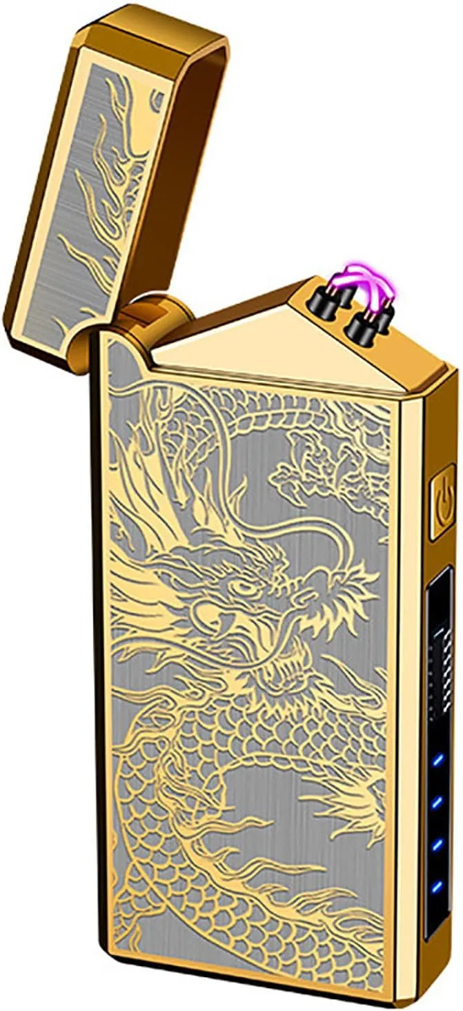Electric Lighter, Windproof USB Rechargeable Flameless Dual Arc Lighter, Pocket Metal Lighter with LED Battery Indication for Candles, Incense, Fireworks, Camping(Gold)