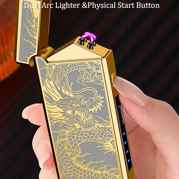 Electric Lighter, Windproof USB Rechargeable Flameless Dual Arc Lighter, Pocket Metal Lighter with LED Battery Indication for Candles, Incense, Fireworks, Camping(Gold)