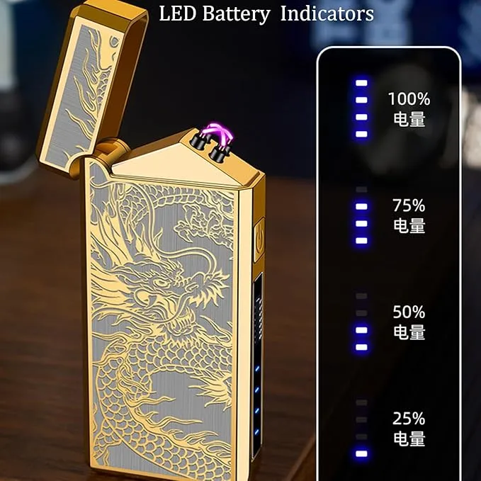 Electric Lighter, Windproof USB Rechargeable Flameless Dual Arc Lighter, Pocket Metal Lighter with LED Battery Indication for Candles, Incense, Fireworks, Camping(Gold)