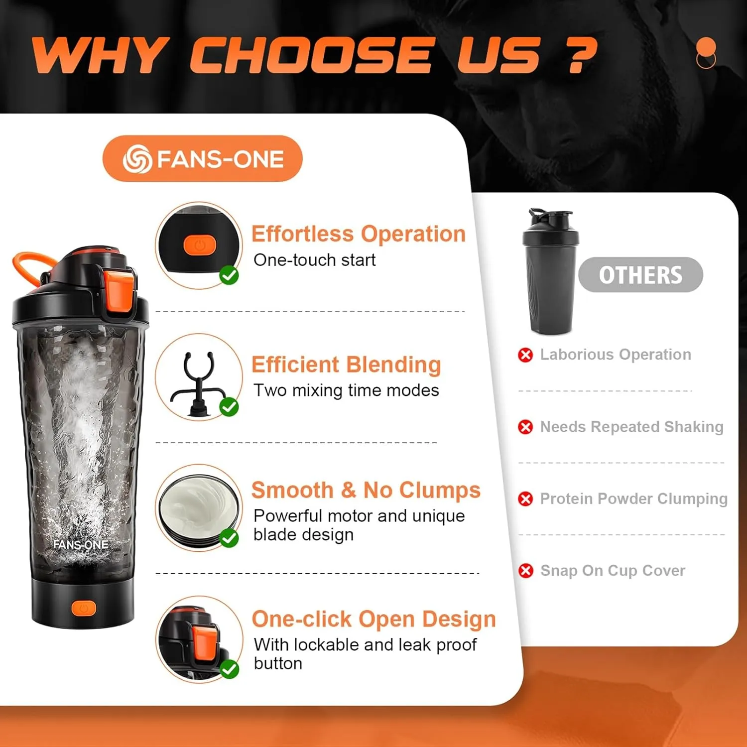 Electric Protein Shaker Bottle, 24oz Lockable Blender Cup Electric Shaker Bottles, Tritan USB Rechargeable Mixer, Portable Shaker Cups for Protein Shakes for Men Women, Black and Orange