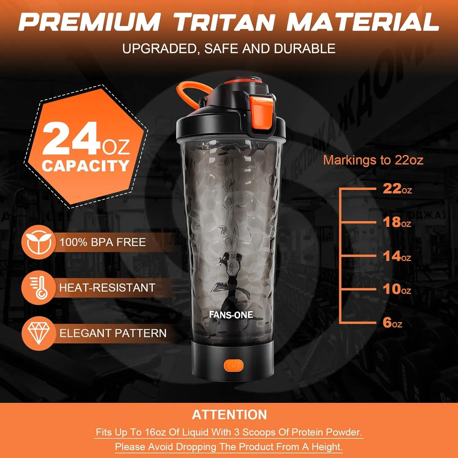 Electric Protein Shaker Bottle, 24oz Lockable Blender Cup Electric Shaker Bottles, Tritan USB Rechargeable Mixer, Portable Shaker Cups for Protein Shakes for Men Women, Black and Orange