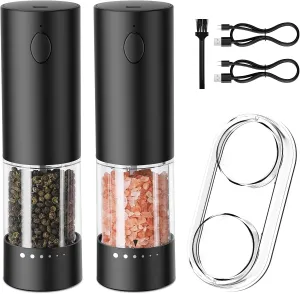 Electric Salt and Pepper Grinder Set – USB Rechargeable Automatic Grinder Set with LED Light, 6 Adjustable Coarseness Levels, Large Capacity, 2-Pack Electric Salt and Pepper Shakers