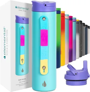 Elemental Iconic Stainless Steel Water Bottle with Straw - 20 oz Leak Proof Triple Wall Insulated Water Bottles for Travel and Sports - Reusable Gym Water Bottle with 2 Straws - Blue Tie Dye