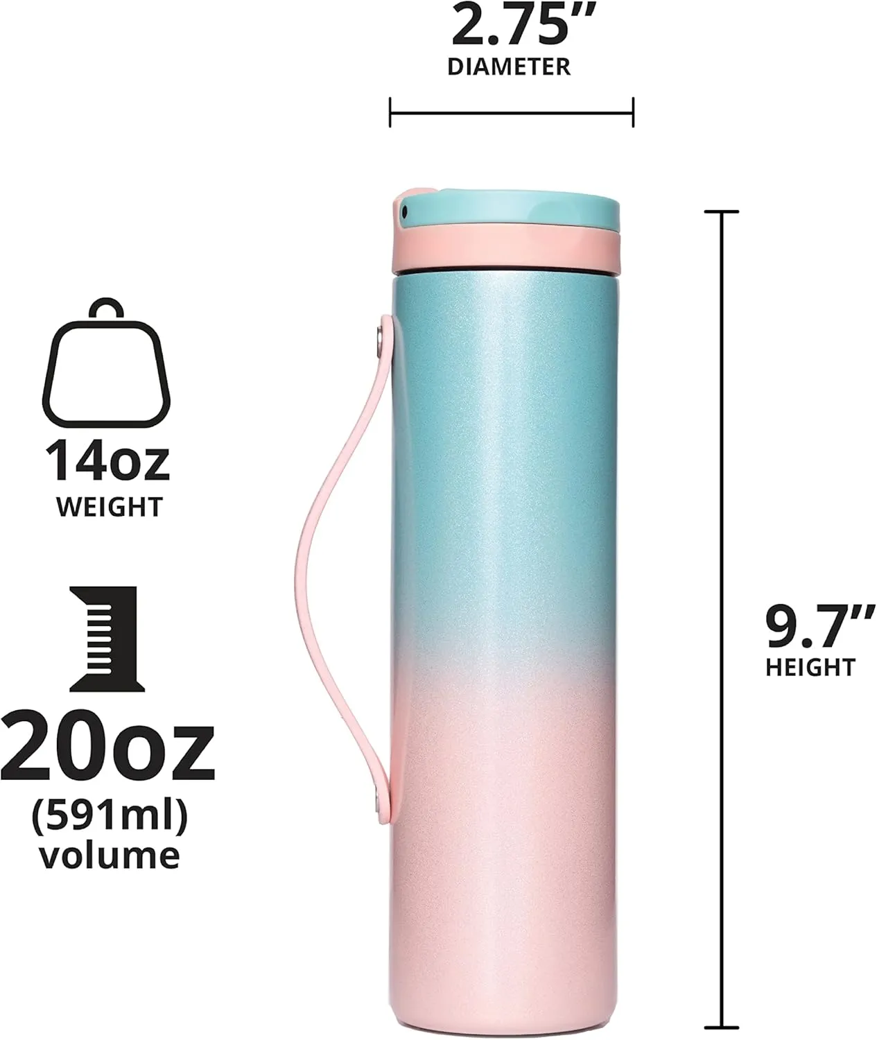 Elemental Iconic Stainless Steel Water Bottle with Straw - 20 oz Leak Proof Triple Wall Insulated Water Bottles for Travel and Sports - Reusable Gym Water Bottle with 2 Straws - Cotton Candy
