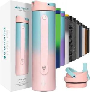 Elemental Iconic Stainless Steel Water Bottle with Straw - 20 oz Leak Proof Triple Wall Insulated Water Bottles for Travel and Sports - Reusable Gym Water Bottle with 2 Straws - Cotton Candy