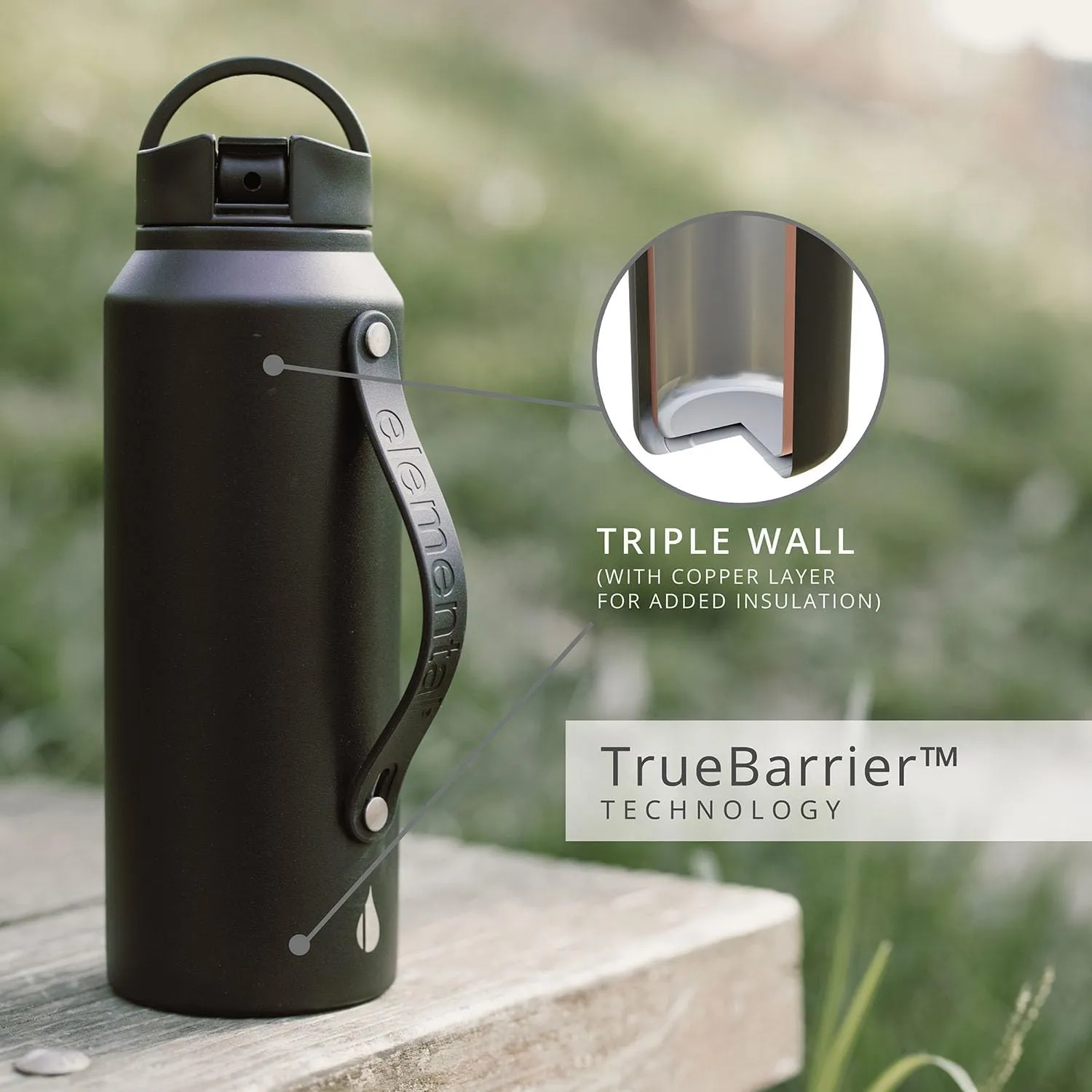 Elemental Iconic Stainless Steel Water Bottle with Straw - 32 oz Leak Proof Triple Wall Insulated Water Bottles for Travel and Sports - Reusable Gym Water Bottle with 2 Straws - Matte Black