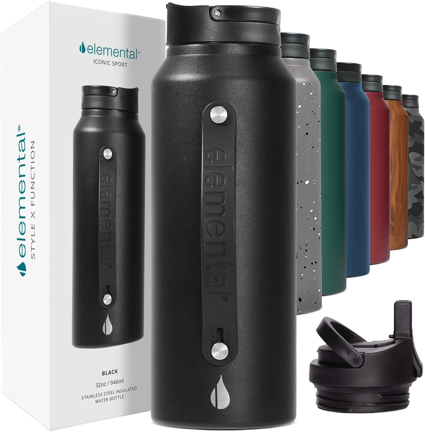 Elemental Iconic Stainless Steel Water Bottle with Straw - 32 oz Leak Proof Triple Wall Insulated Water Bottles for Travel and Sports - Reusable Gym Water Bottle with 2 Straws - Matte Black