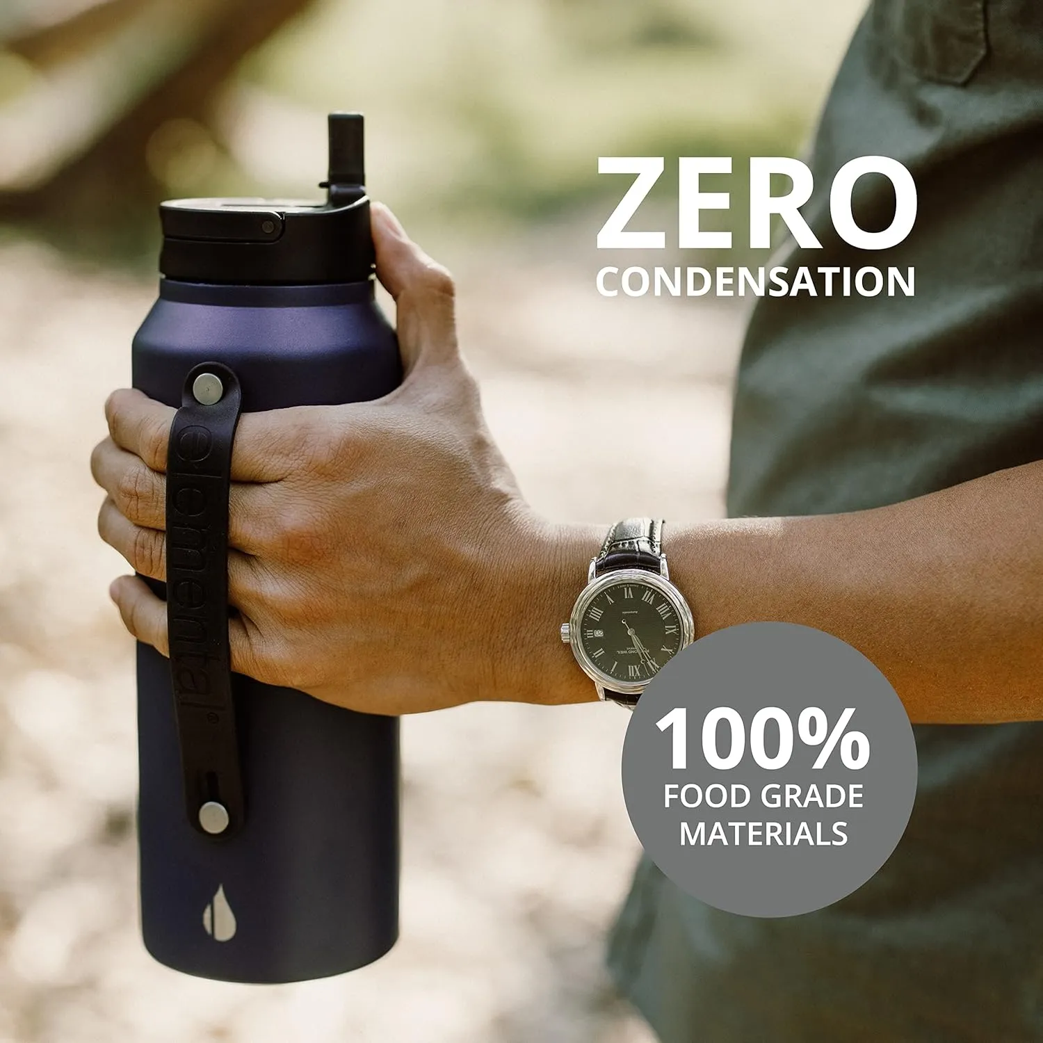 Elemental Iconic Stainless Steel Water Bottle with Straw - 32 oz Leak Proof Triple Wall Insulated Water Bottles for Travel and Sports - Reusable Gym Water Bottle with 2 Straws - Matte Black