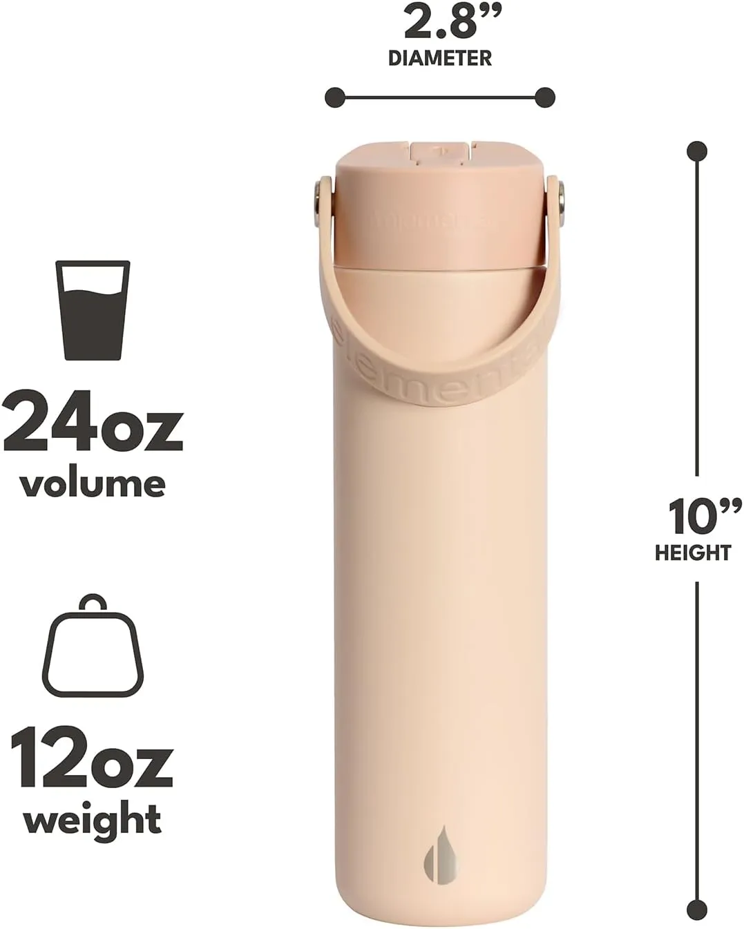 Elemental Stainless Steel Water Bottle with Straw - Leak Proof Double Wall Insulated Water Bottles for Travel, Sports and Gym - BPA Free Sport Thermos with Flip-up Straws - 24oz, Beige