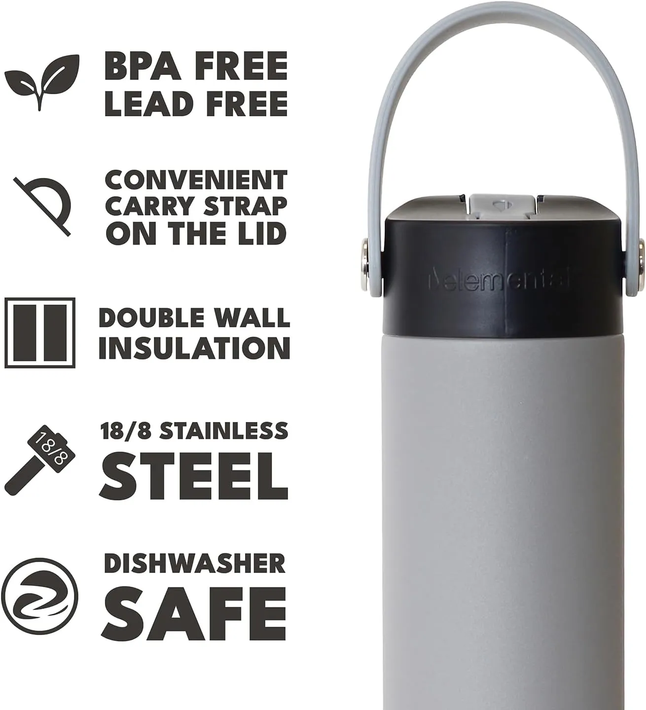 Elemental Stainless Steel Water Bottle with Straw - Leak Proof Double Wall Insulated Water Bottles for Travel, Sports and Gym - BPA Free Sport Thermos with Flip-up Straws - 24oz, Graphite