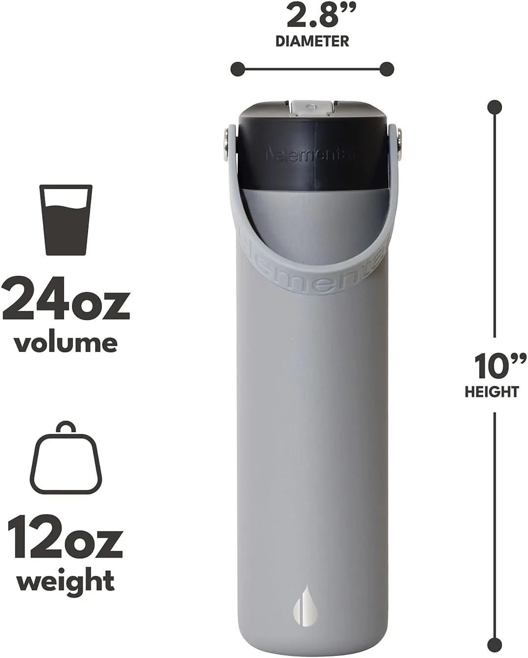 Elemental Stainless Steel Water Bottle with Straw - Leak Proof Double Wall Insulated Water Bottles for Travel, Sports and Gym - BPA Free Sport Thermos with Flip-up Straws - 24oz, Graphite
