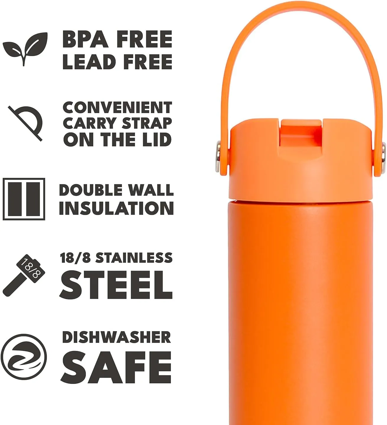 Elemental Stainless Steel Water Bottle with Straw - Leak Proof Double Wall Insulated Water Bottles for Travel, Sports and Gym - BPA Free Sport Thermos with Flip-up Straws - 24oz, Orange