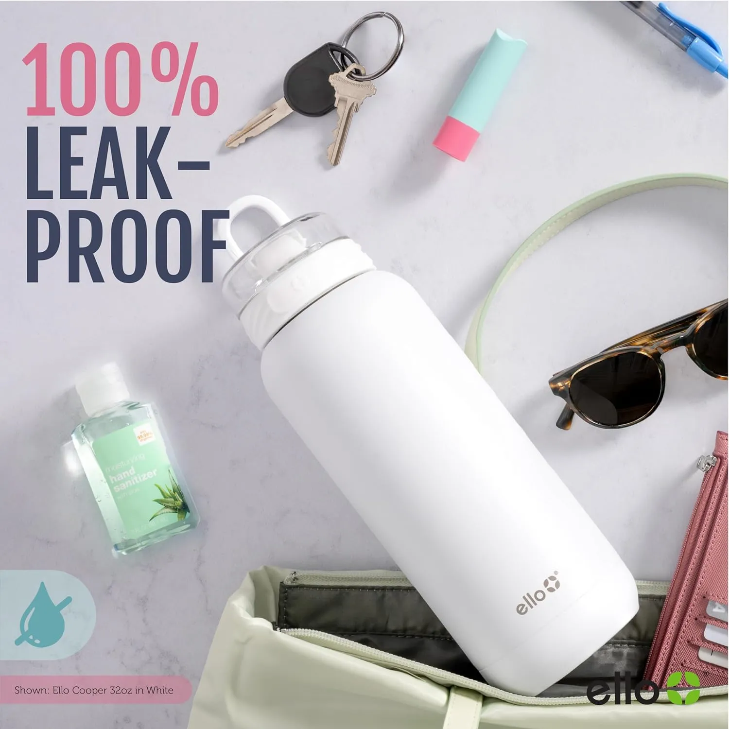 Ello Cooper 32oz Stainless Steel Water Bottle with Straw and Carry Handle, Double Walled and Vacuum Insulated Metal, Leak Proof Locking Lid with Soft Silicone Spout, Reusable, BPA Free, Lilac
