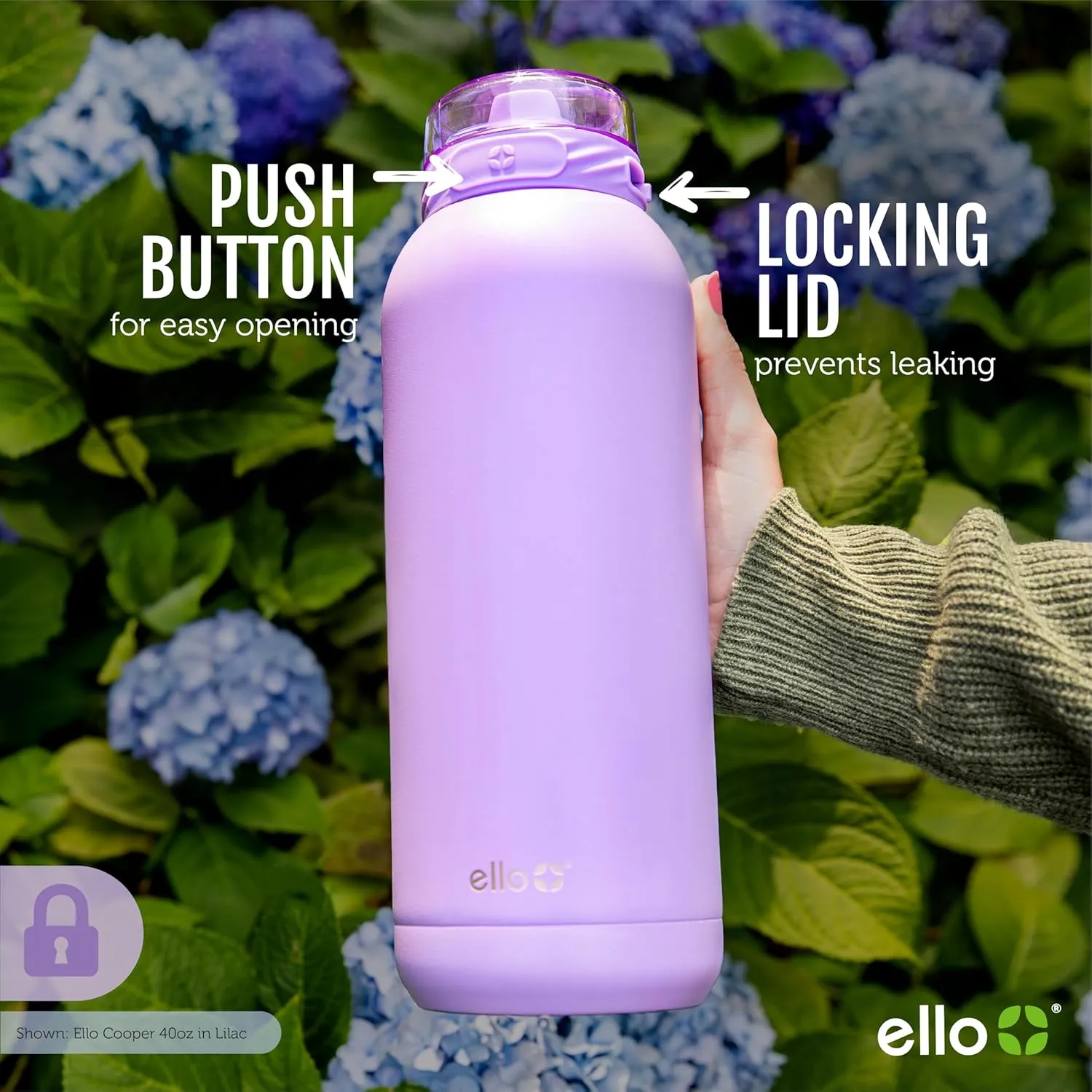 Ello Cooper 32oz Stainless Steel Water Bottle with Straw and Carry Handle, Double Walled and Vacuum Insulated Metal, Leak Proof Locking Lid with Soft Silicone Spout, Reusable, BPA Free, Lilac