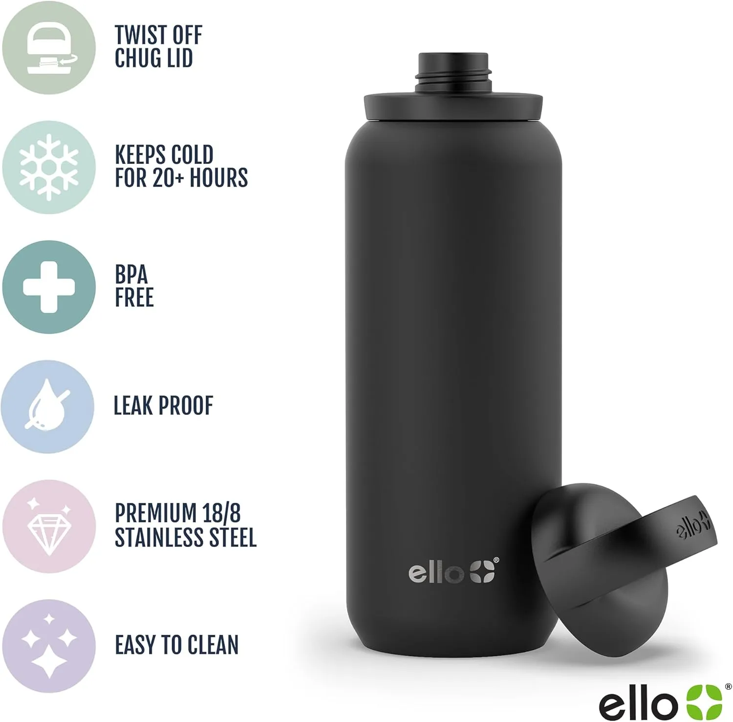 Ello Cooper Twist 32oz Stainless Steel Water Bottle with Chug Lid | Leak Proof | Double Walled and Vacuum Insulated | Built in Carry Loop | Dishwasher Safe | Yucca