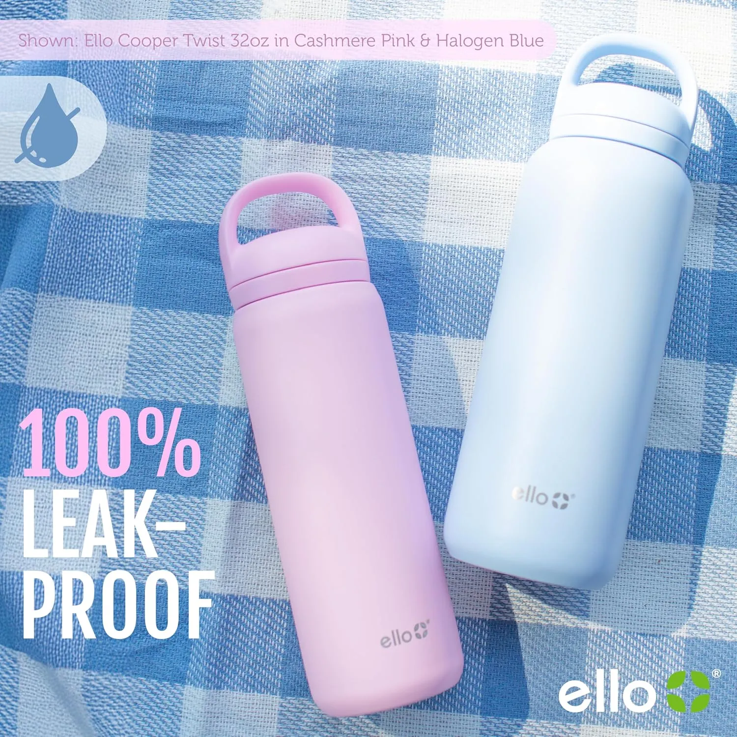 Ello Cooper Twist 32oz Stainless Steel Water Bottle with Chug Lid | Leak Proof | Double Walled and Vacuum Insulated | Built in Carry Loop | Dishwasher Safe | Yucca