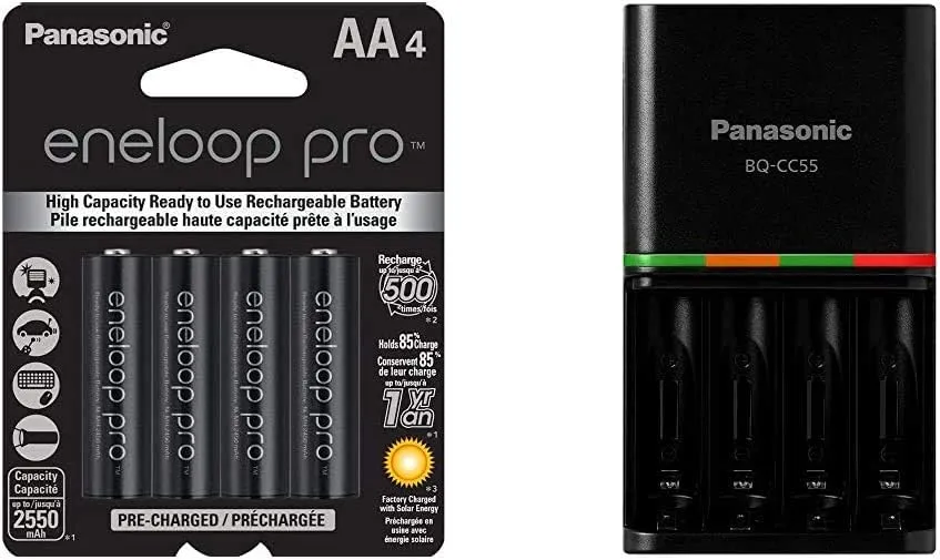 Eneloop Panasonic BK-3HCCA4BA pro AA High Capacity Ni-MH Pre-Charged Rechargeable Batteries, 4 Pack, Black & BQ-CC55KSBHA Advanced pro Rechargeable Battery 4 Hour Quick Charger, Black