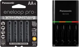 Eneloop Panasonic BK-3HCCA4BA pro AA High Capacity Ni-MH Pre-Charged Rechargeable Batteries, 4 Pack, Black & BQ-CC55KSBHA Advanced pro Rechargeable Battery 4 Hour Quick Charger, Black