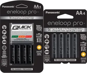 Eneloop Panasonic K-KJ55KHC4BA Advanced 4 Hour Quick Battery Charger with 4AA pro Rechargeable Batteries & Panasonic BK-3HCCA4BA pro AA High Capacity Ni-MH Pre-Charged Batteries, 4 Pack