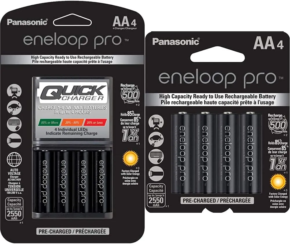 Eneloop Panasonic K-KJ55KHC4BA Advanced 4 Hour Quick Battery Charger with 4AA pro Rechargeable Batteries & Panasonic BK-3HCCA4BA pro AA High Capacity Ni-MH Pre-Charged Batteries, 4 Pack