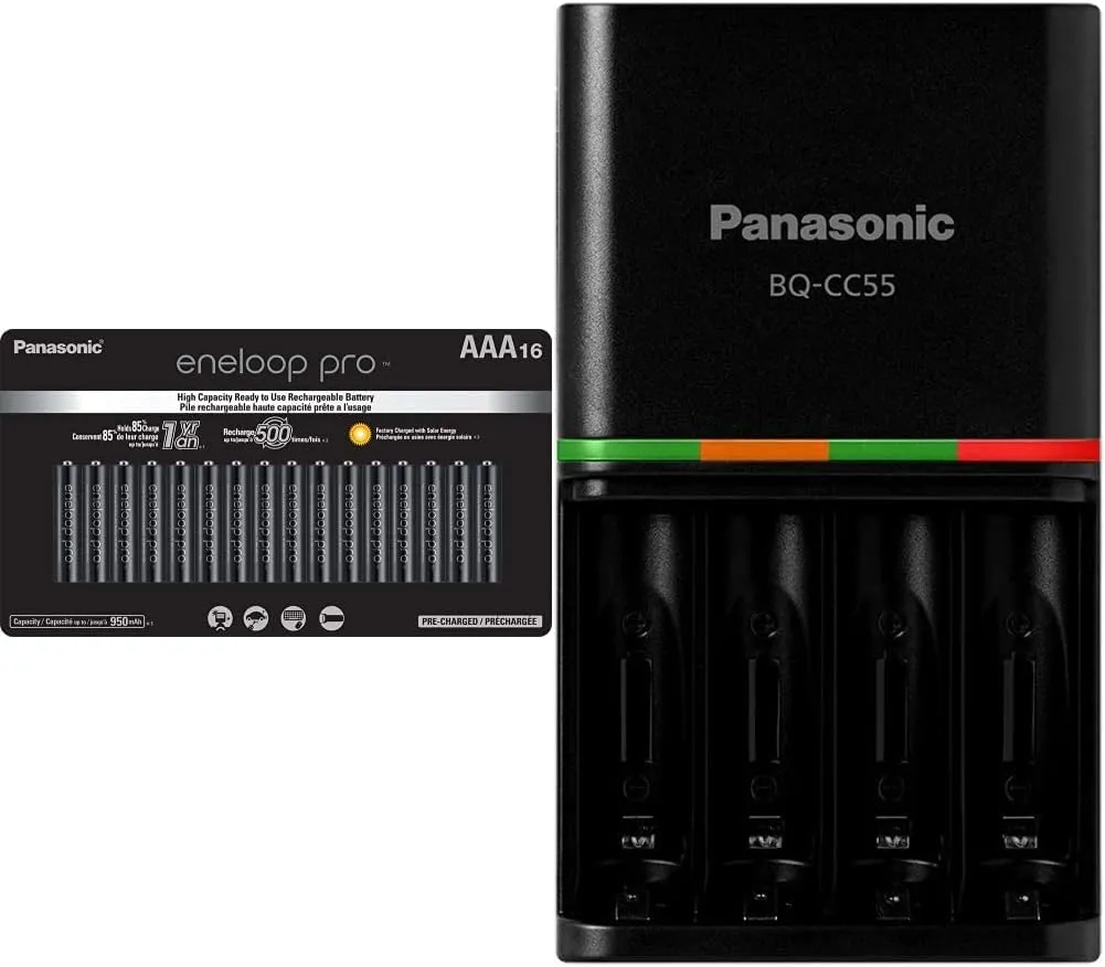 Eneloop Panasonic Pro NiMh AAA Batteries 1.2V 16pk Rechargeable & 4-Hour Quick Battery Charger w/4 LED Indicator Lights