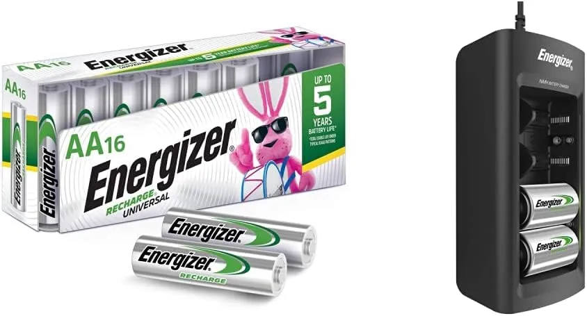 Energizer Recharge Universal AA Batteries, Pre-Charged NiMH 2000 mAh Rechargeable Double A Batteries and AA, AAA, C, D, and 9V Battery Charger for Rechargeable Batteries Bundle, 16 Count