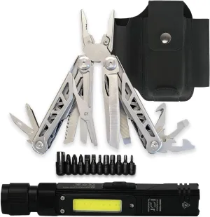 EPG Heavy Duty Multitool Bundle: Leather Case, Multi-Function Flashlight, Screwdriver Bits, 18 Stainless Steel Locking Tools, EDC Gear with Pliers, Bottle Opener, Box Cutter and More, Fits in Pocket