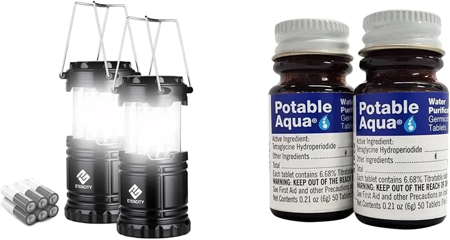 Etekcity 2 Pack LED Camping Lantern Flashlights and Potable Aqua 2 Pack 50 Count Water Purification Tablets for Camping and Emergency Preparedness