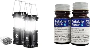 Etekcity 2 Pack LED Camping Lantern Flashlights and Potable Aqua 2 Pack 50 Count Water Purification Tablets for Camping and Emergency Preparedness