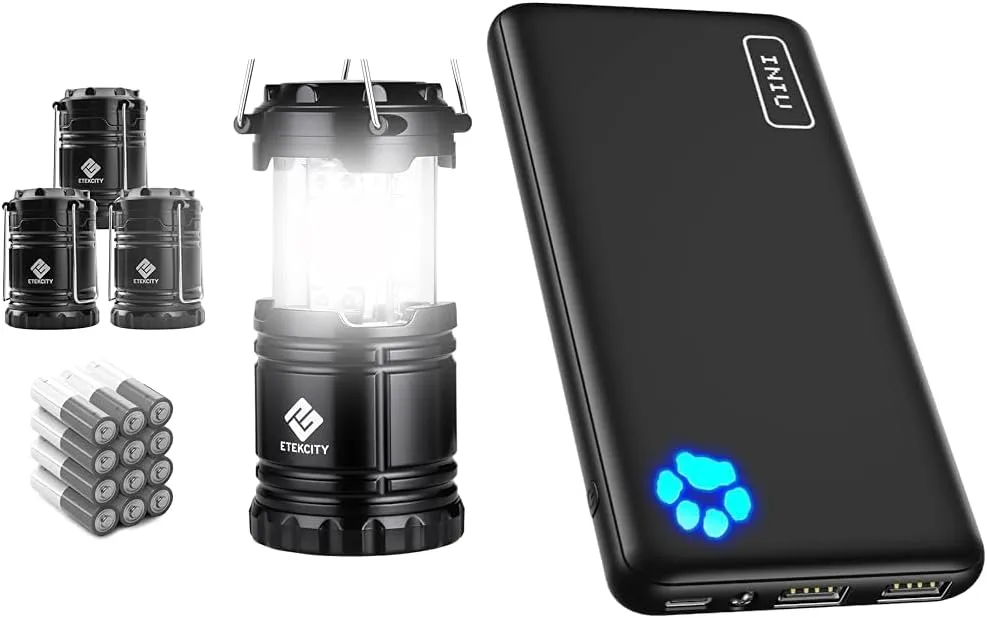 Etekcity Camping Lantern for Power Outages, Emergency Camping Lights, Led Lantern & INIU Portable Charger, Slimmest 10000mAh 5V/3A Power Bank, USB C in&Out High-Speed Charging Bat