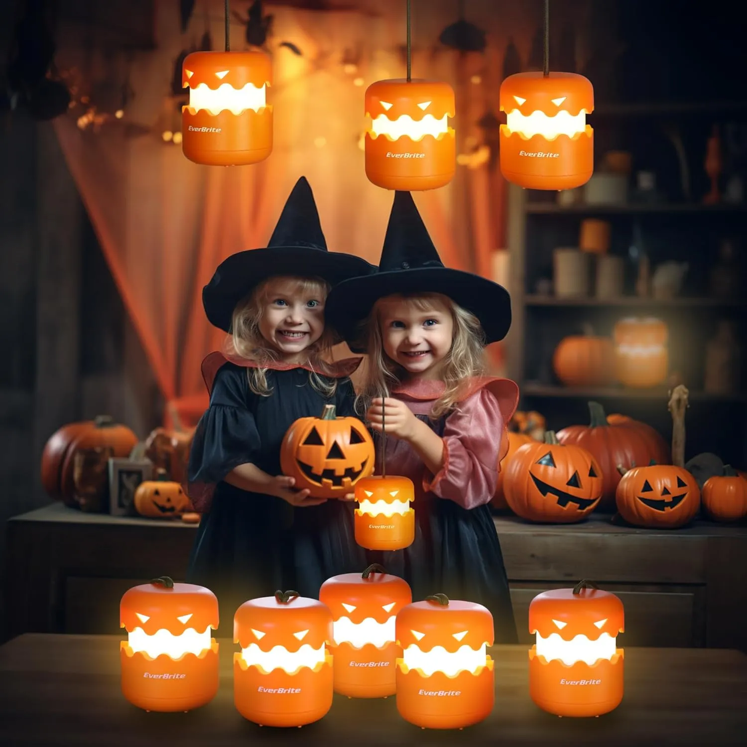 EverBrite 3-Pack Halloween Pumpkin Lantern, Collapsible Jack O Lantern Pumpkins with Lanyard, Halloween Party Favors for Kids, Light up Pumpkin Outdoor for Halloween Party Decoration, Battery Included