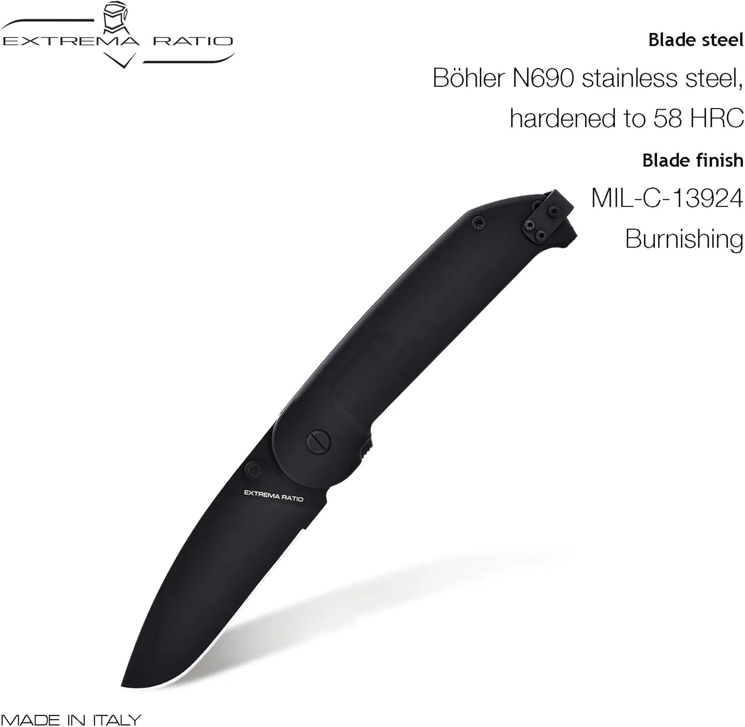 Extrema Ratio - BF2 CD (Black) Folding Knife, Böhler N690 Steel Blade 58 HRC, Black Satin Finish, Smooth Anodized Aluminum Handle, Reversible Clip, Compact Foldable Design, Italian Craftsmanship