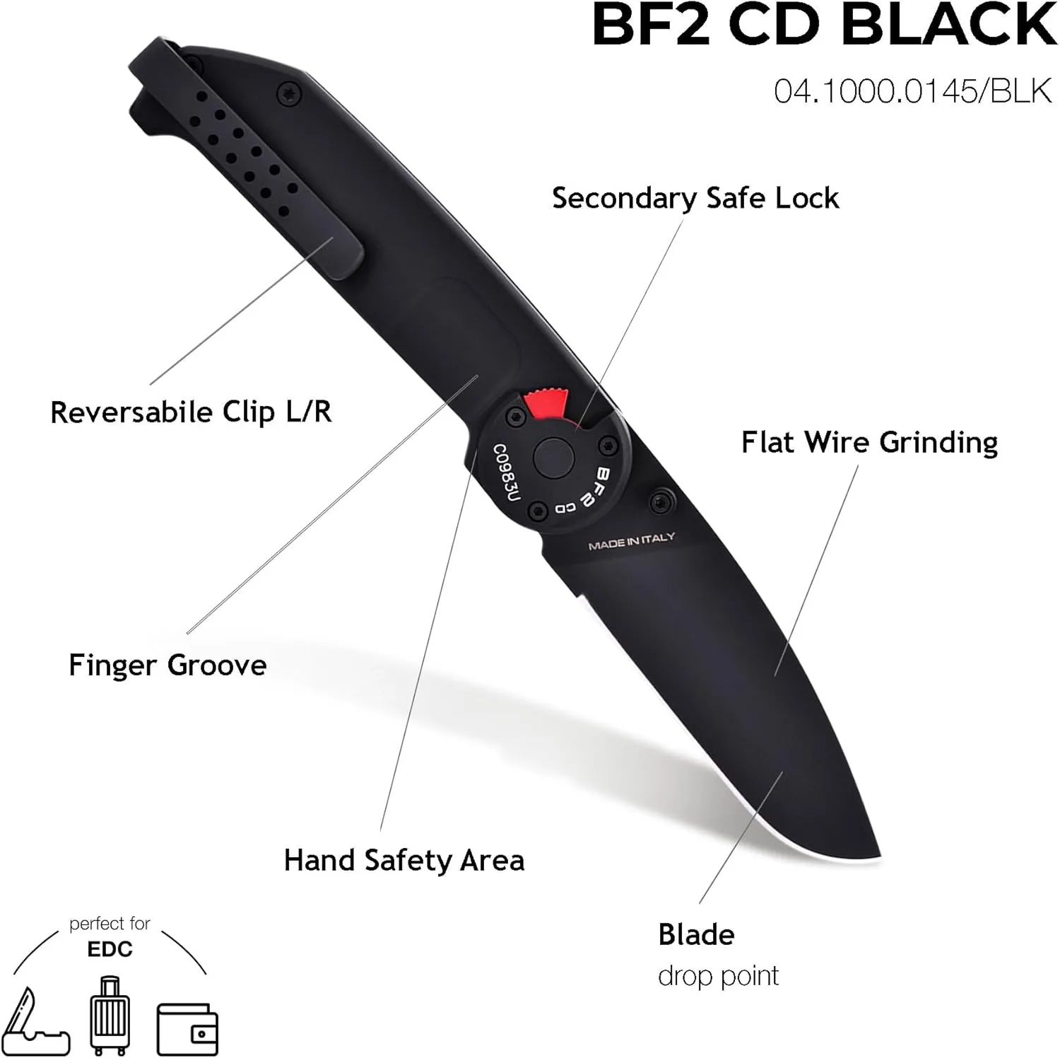 Extrema Ratio - BF2 CD (Black) Folding Knife, Böhler N690 Steel Blade 58 HRC, Black Satin Finish, Smooth Anodized Aluminum Handle, Reversible Clip, Compact Foldable Design, Italian Craftsmanship