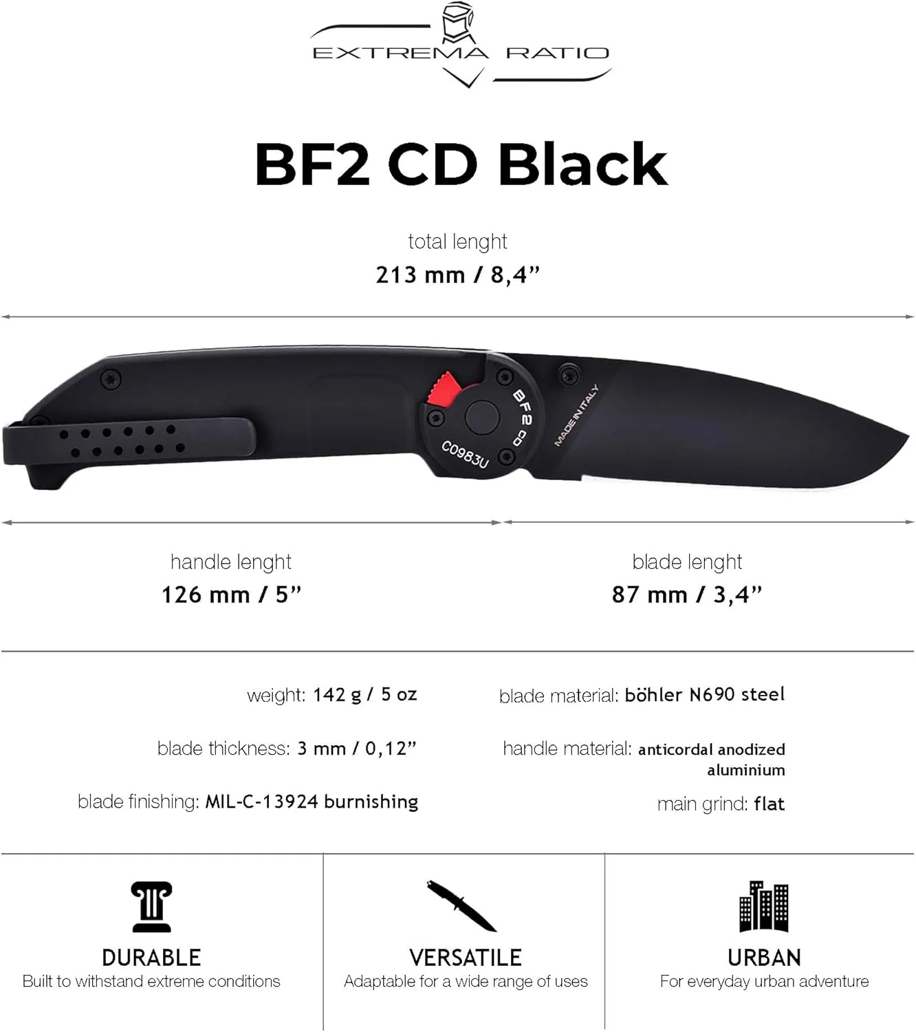 Extrema Ratio - BF2 CD (Black) Folding Knife, Böhler N690 Steel Blade 58 HRC, Black Satin Finish, Smooth Anodized Aluminum Handle, Reversible Clip, Compact Foldable Design, Italian Craftsmanship