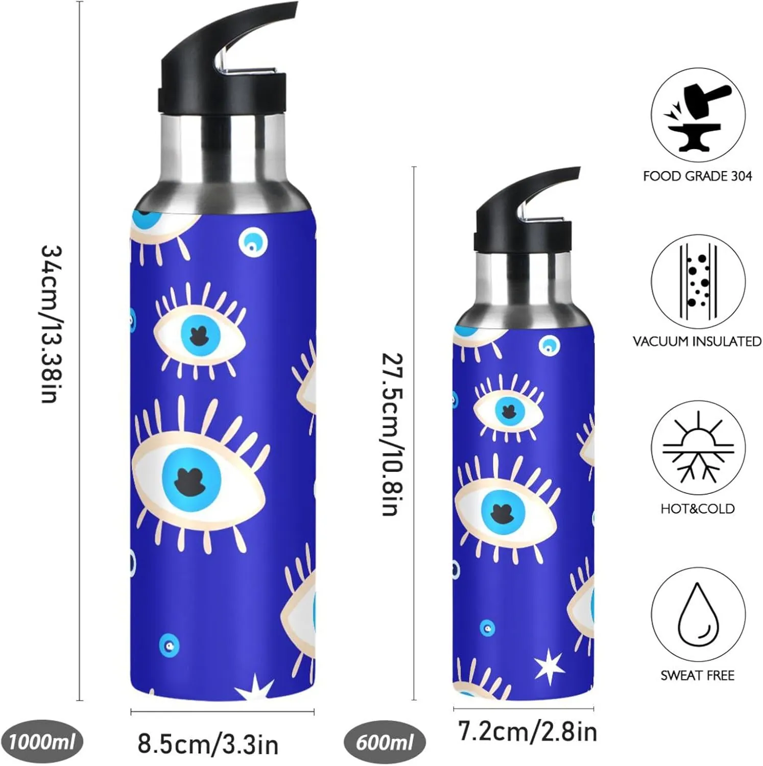 Eyes Sports Water Bottle with Straw, 22oz BPA Free Stainless Steel Vacuum Insulated Bottle for Gym Fitness Outdoor