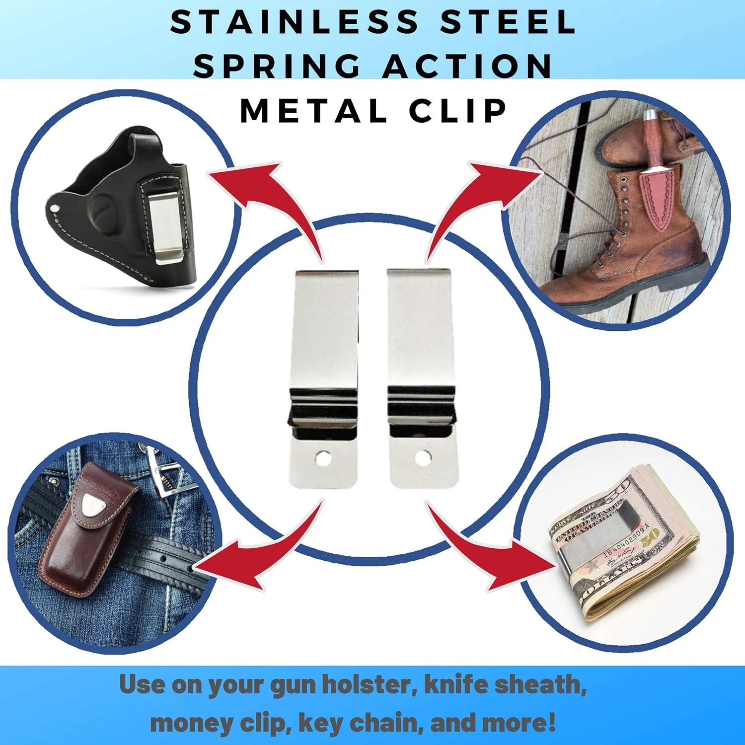 EZ-Xtend Heavy Duty Knife Sheath Clip and DIY Gun Holster Belt Clip - Gun Accessories - Replacement Belt Clip - No Rust Stainless Steel Metal - Sheath Clip, Pocket and Spring Clips