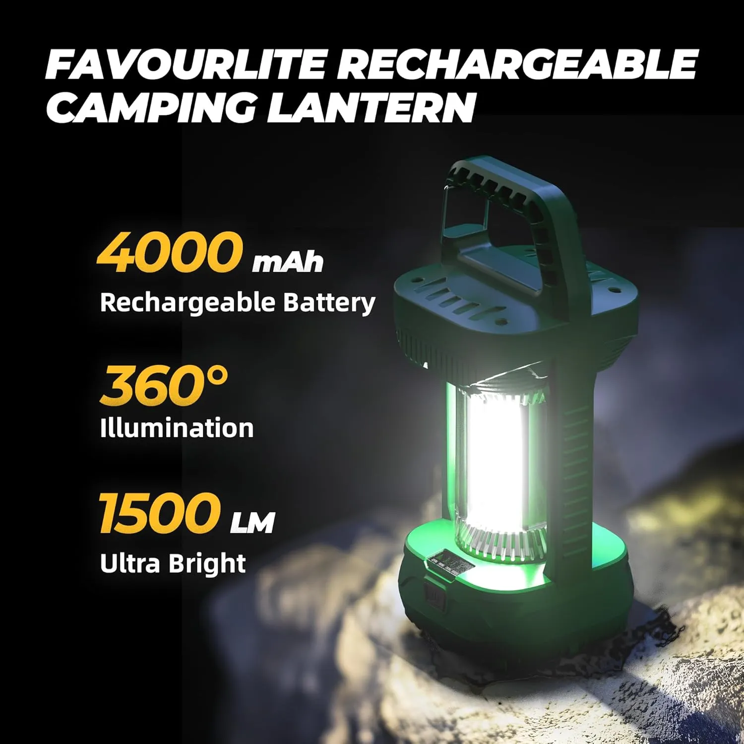 Favourlite Camping Lantern, 1500LM Camping Light 3000 Capacity Phone Charger LED Impact-Resistant Flashlight Lantern Portable Waterproof Hurricane Lanterns for Power Outages (Black Black)