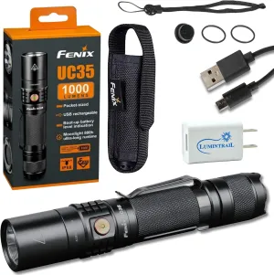 Fenix UC35 V2.0 Rechargeable Tactical Handheld LED Flashlight 1000 Lumens with Lumintrail USB Wall Plug