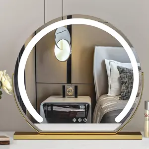 FERKAP Vanity Mirror with Lights, Tabletop Makeup Mirror with Dimmable 3 Modes LED Light Strip,Touch Screen Control Cosmetic Mirror Rechargeable HD Lighted Mirror (Color : Gold, Size : 24.4"X22.8")