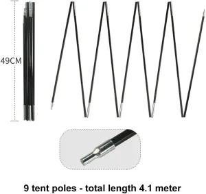 Fibreglass Tent Poles Replacement, 10.5-12.8ft Pre-Assembled Black Tent Pole for Hiking & Camping Easy to Install Outdoor Tent Repair Rod(4.1m)