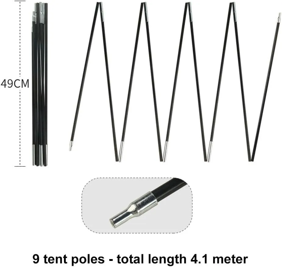 Fibreglass Tent Poles Replacement, 10.5-12.8ft Pre-Assembled Black Tent Pole for Hiking & Camping Easy to Install Outdoor Tent Repair Rod(4.1m)
