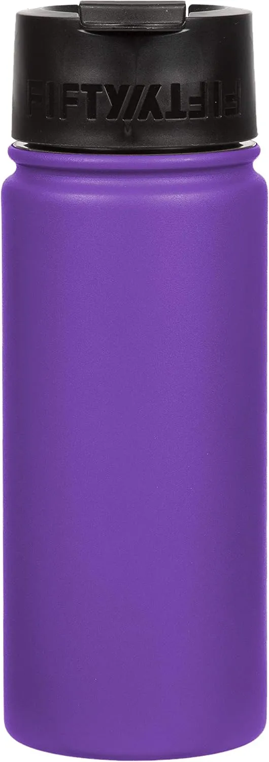 FIFTY/FIFTY 16oz, Double Wall Vacuum Insulated Café Water Bottle, Stainless Steel, Flip Cap w/ Wide Mouth, Royal Purple, 16oz/473mL