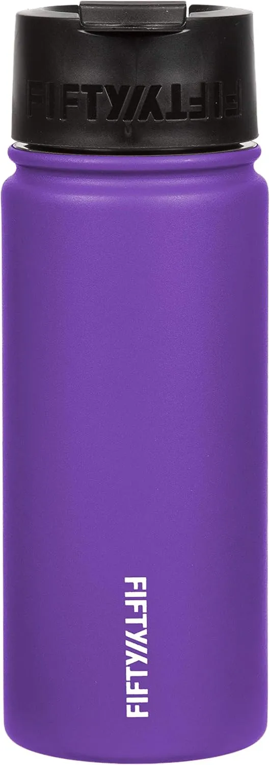FIFTY/FIFTY 16oz, Double Wall Vacuum Insulated Café Water Bottle, Stainless Steel, Flip Cap w/ Wide Mouth, Royal Purple, 16oz/473mL