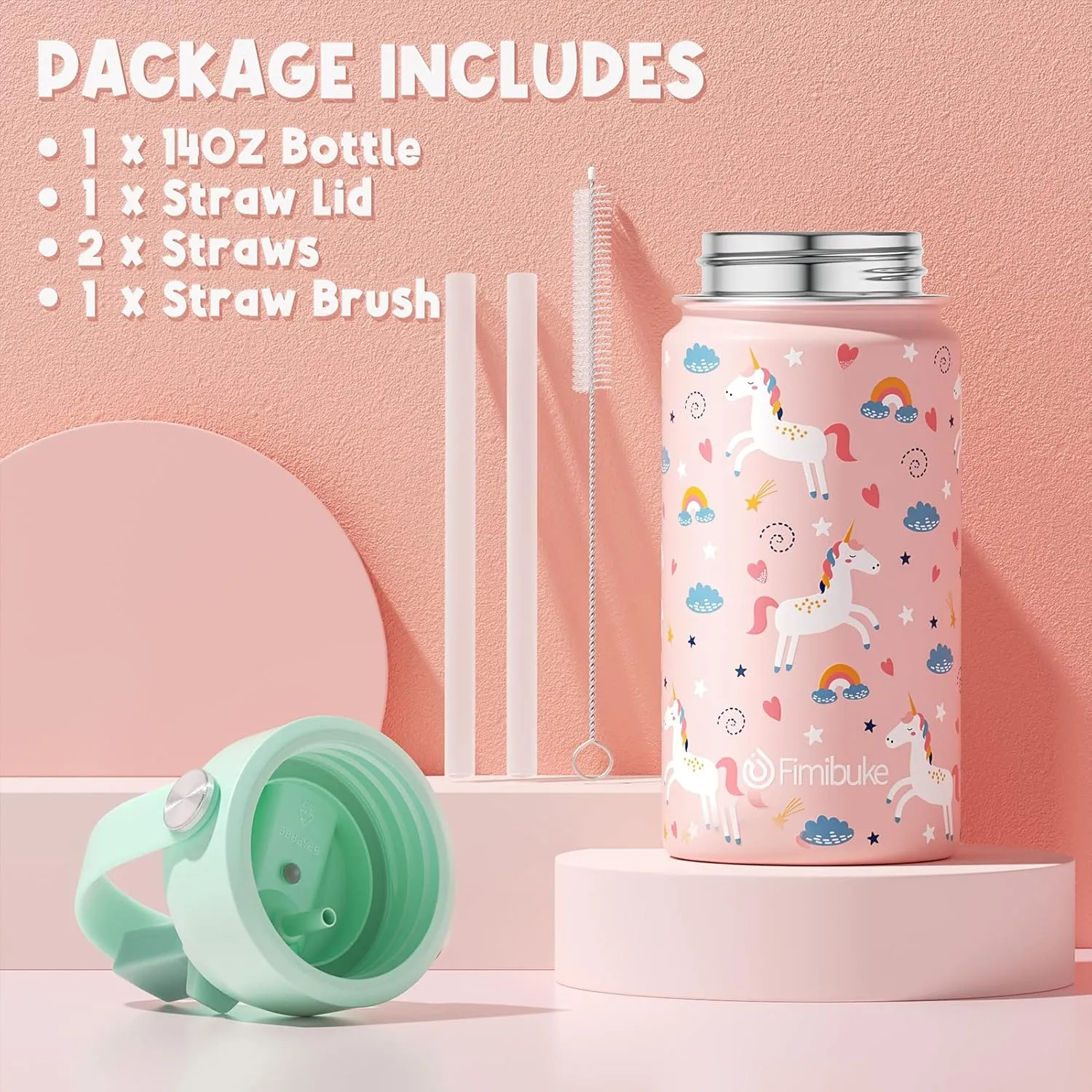 Fimibuke Kids Insulated Water Bottle, 14oz BPA FREE 18/8 Stainless Steel Travel Tumbler Double Wall Vacuum Leak Proof Kids Cup with Straw Metal Water Bottle for School Boys Girls(1 Pack, UNICORN)