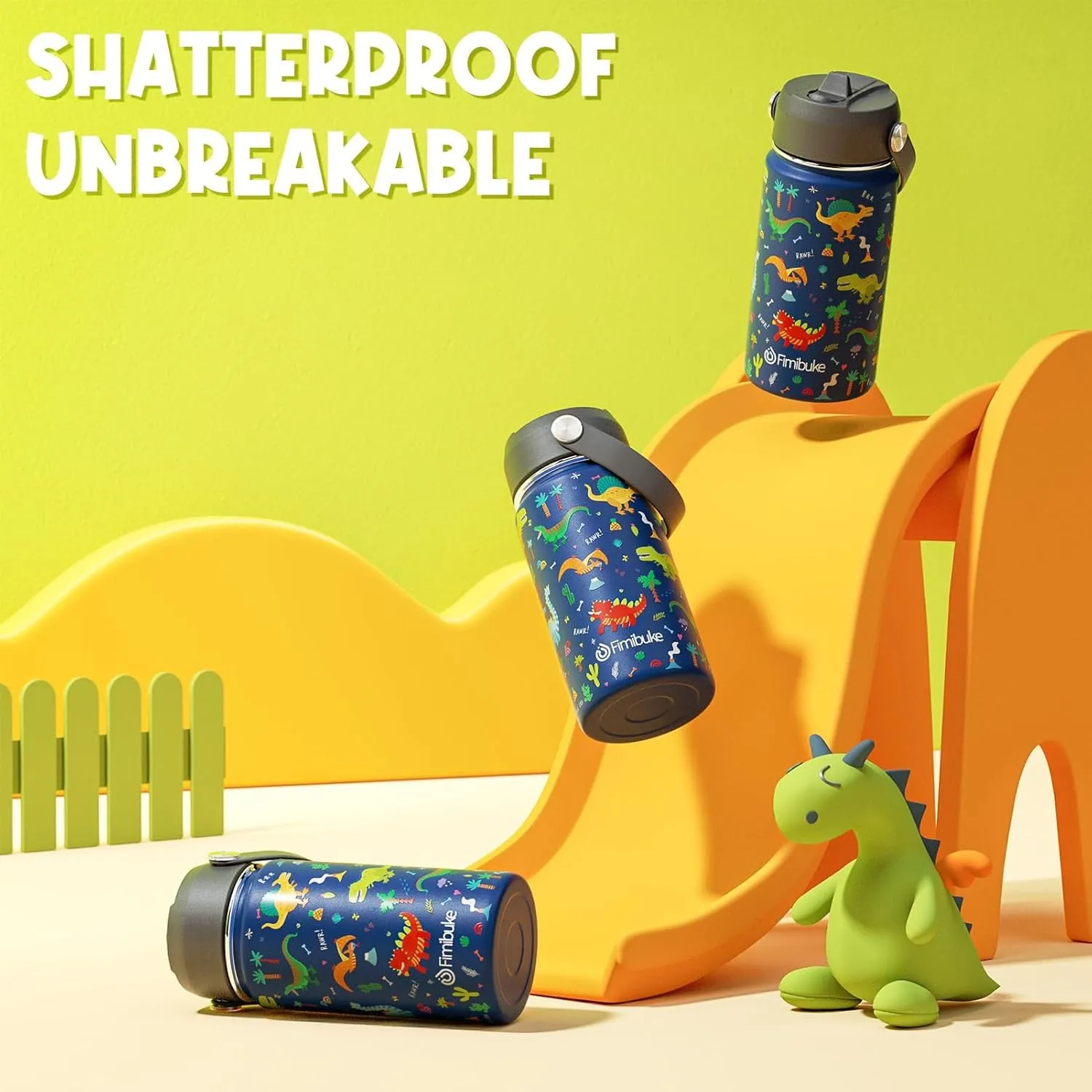 Fimibuke Kids Insulated Water Bottle, 14oz BPA FREE Double Wall Vacuum Tumbler 18/8 Stainless Steel Leak Proof Kids Cups with Straw Metal Bottles for School Boys Girls (2 Pack, Trucks/Green Dinosaur)