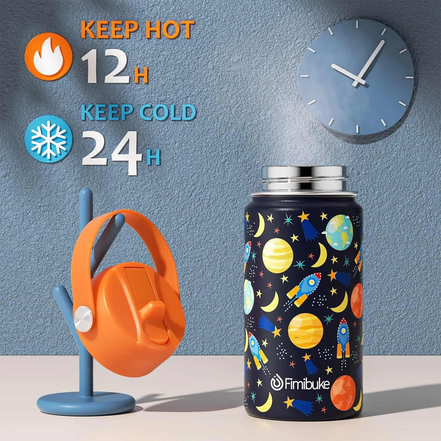 Fimibuke Kids Insulated Water Bottle, 14oz BPA FREE Double Wall Vacuum Tumbler 18/8 Stainless Steel Leak Proof Kids Cups with Straw Metal Bottles for School Boys Girls (2 Pack, Trucks/Green Dinosaur)